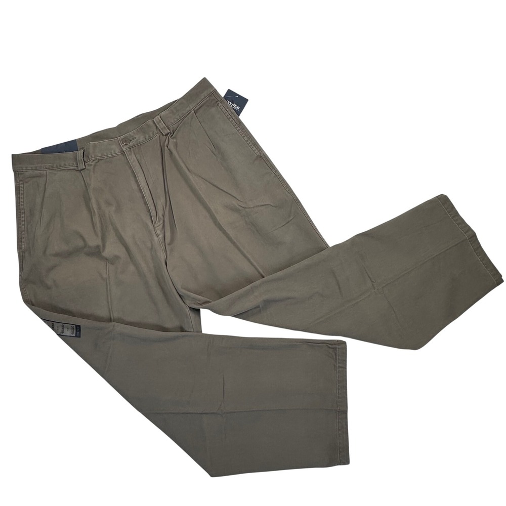 Nautica Explorer Mens 40x30 Khaki Brown Pleated Relaxed Fit Twill Pants NWT
